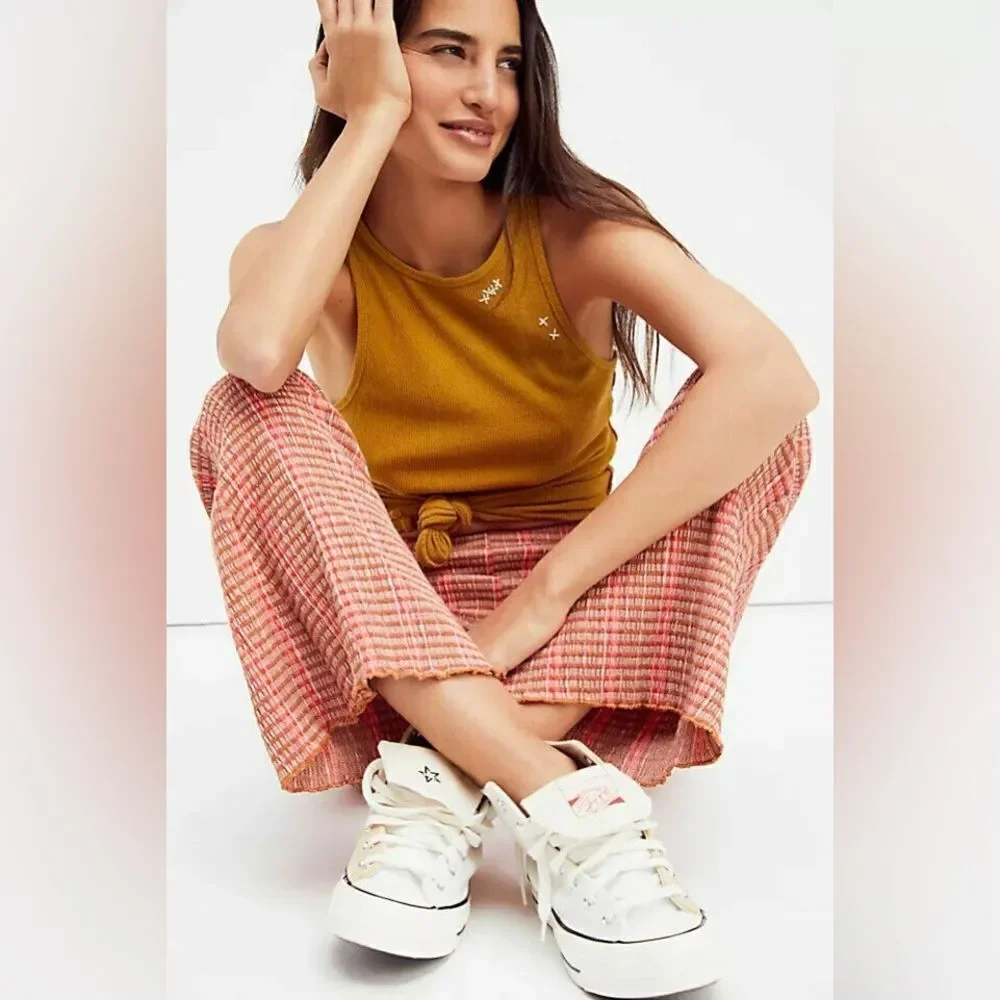 Free People Fine Line High Rise Plaid Flare Boho Ankle Pant in Rust Combo XS NEW
